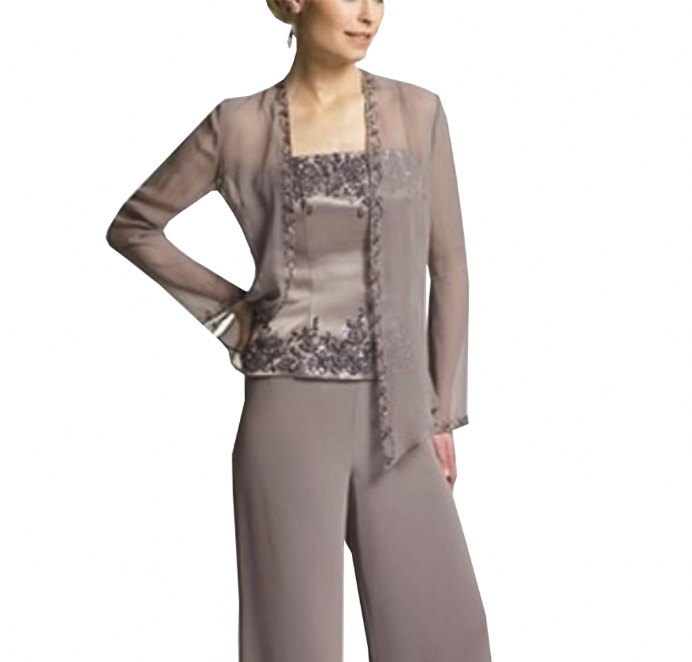 Mother of the Bride Suits women elegant 3 pieces Appliques Embroidery Satin Chiffon dress pants suit long sleeves for wedding groom