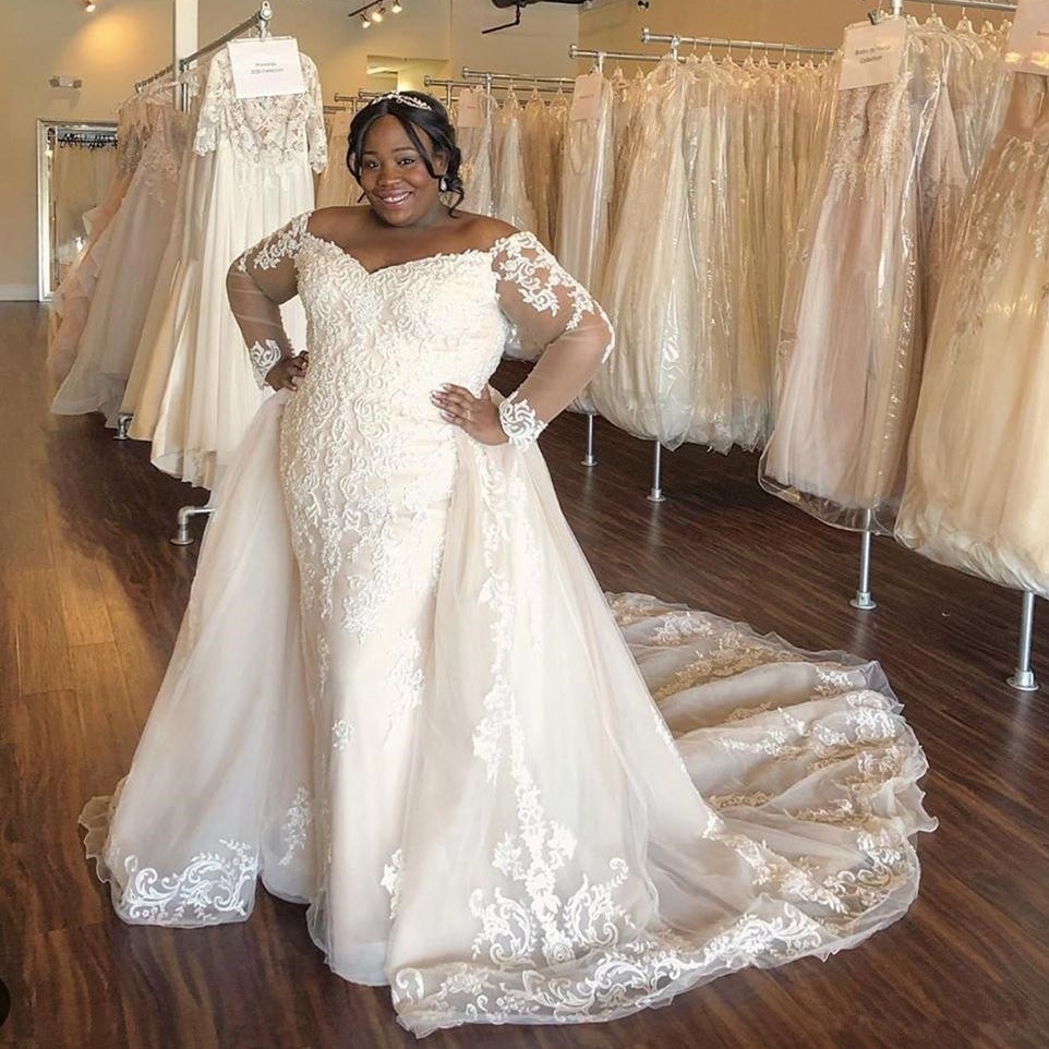 Mermaid Plus Stylish Size Lace Wedding Dresses Off The Shoulder V Neck Beaded Bridal Gowns With Detachable Train Tulle Robe De Marie