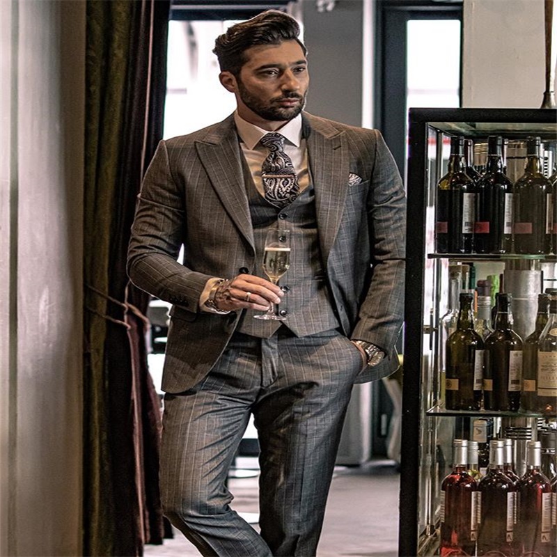 3piece gray plaid pattern formal wedding tuxedos slim fit business party blazer suit two button peaked lapel men suits