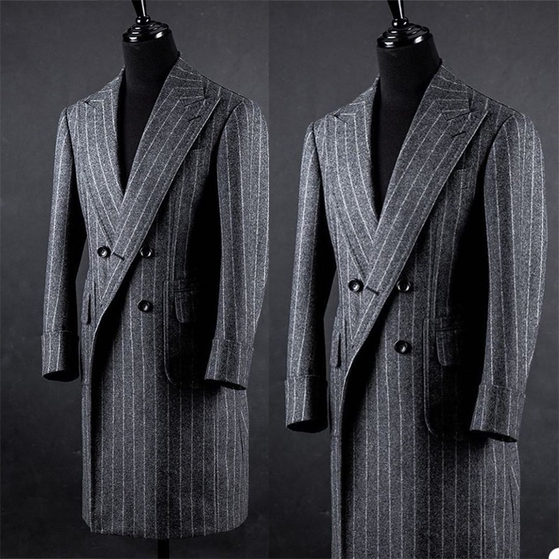 Handsome 2020 Formal Woolen Cotton Men Coat Double Breasted Men Suits Tuxedos Custom Made Peaked Lapel Blazer Men Long Suit For Man