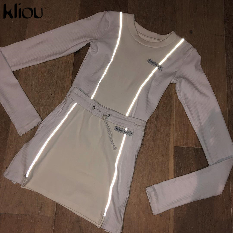 Kliou women fashion Reflective Striped patchwork two pieces set white full sleeve crop top bottom skirts outfit tracksuit T200128