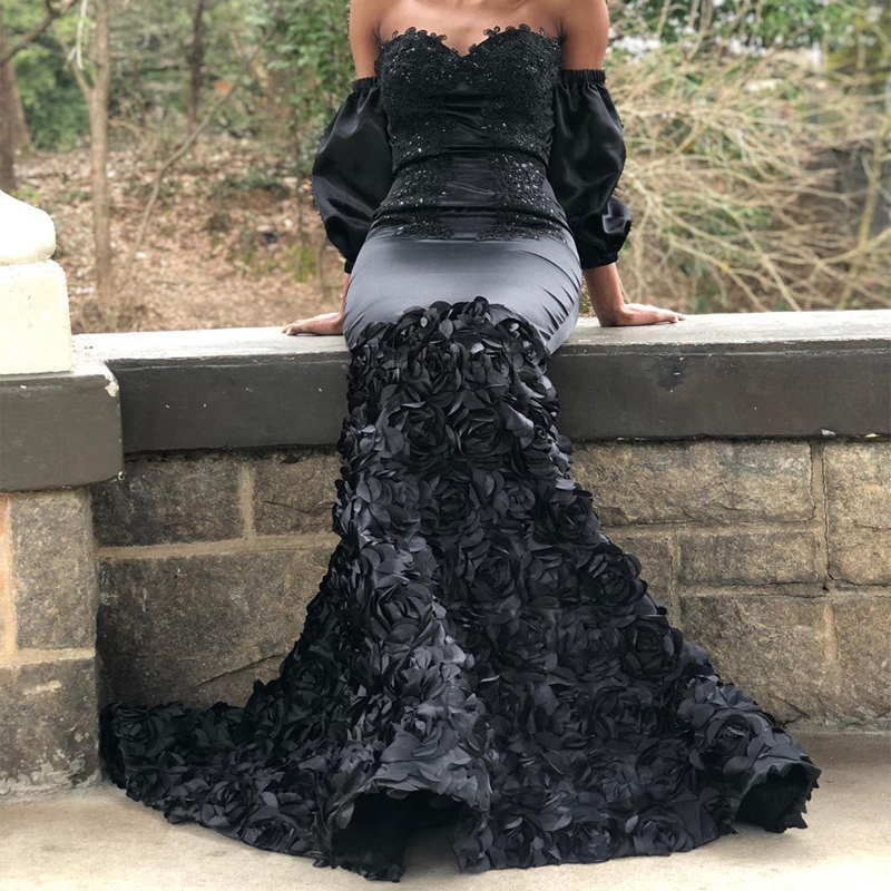 Black Mermaid Evening Dresses Off Shoulder 3/4 Long Sleeve Sweep Train 3D Floral Appliques Beads Women Formal Prom Gowns vestidos de fiesta