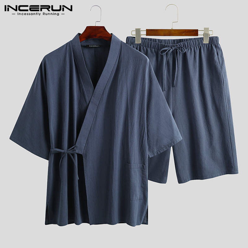 Leisure Pajamas Sets Cotton Solid Color Lace Up Half Sleeve V Neck Blouse Casual Shorts Sleepwear Mens Nightwear Suits INCERUN, Black
Leisure Pajamas Sets Cotton Solid Color Lace Up Half Sleeve V Neck Blouse Casual Shorts Sleepwear Mens Nightwear Suits INCERUN, Black