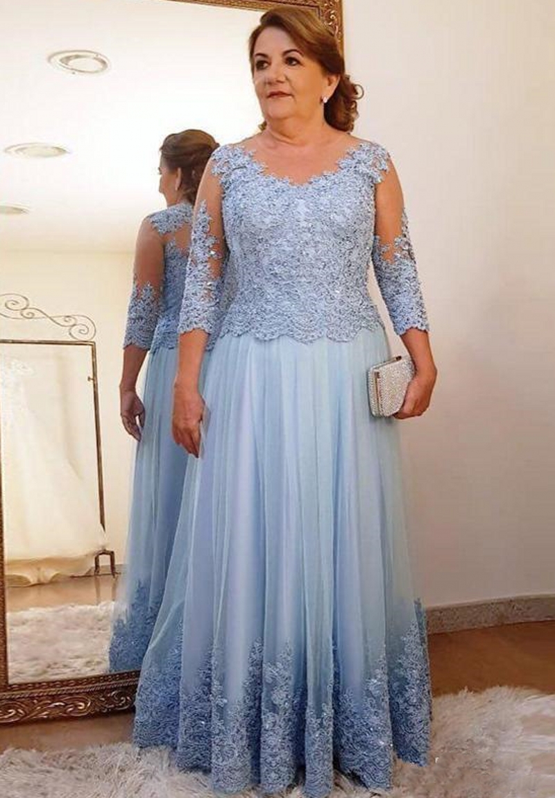 Plus Size Mother of the Bride Dress for Wedding Party Light Blue Lace Tulle 3/4 Long Sleeve Ladies Formal Evening Prom Gowns
