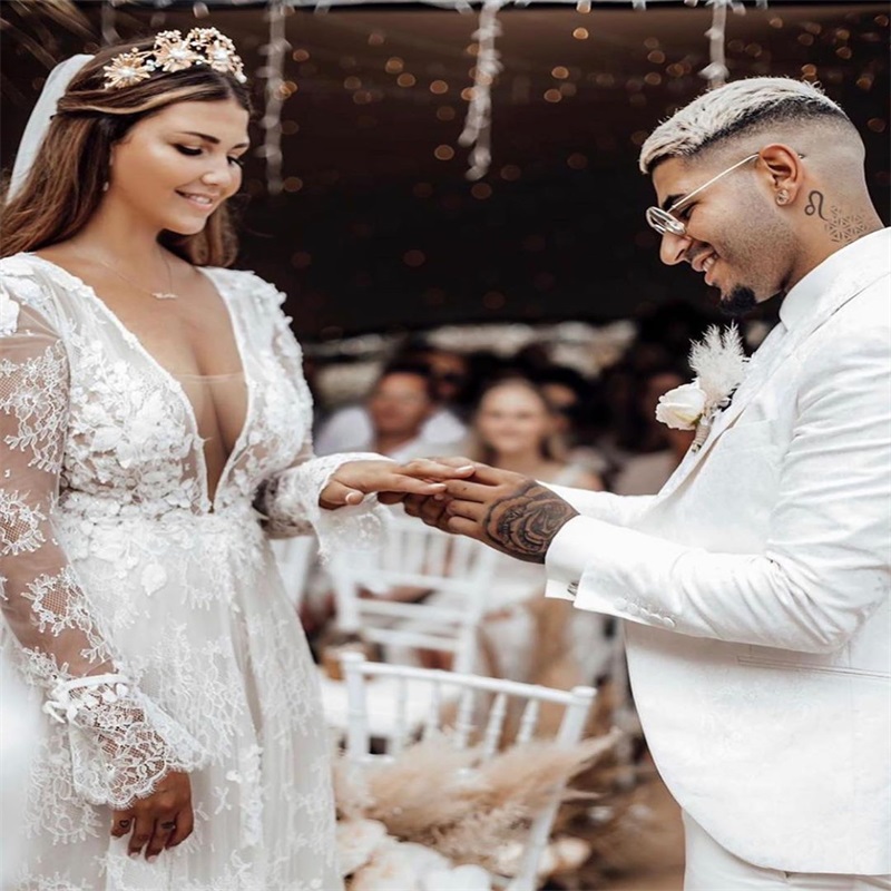plus size sexy high vneck beach wedding dresses aline bohemian long sleeves appliqued lace bridal gown large country bridal dress