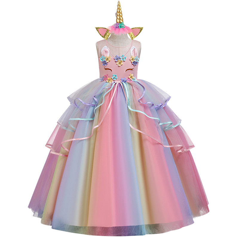 Christmas Send a Gift High-grade birthday evening party child wedding dress 4-14Y girls Embroidered applique unicorn long dress T200721