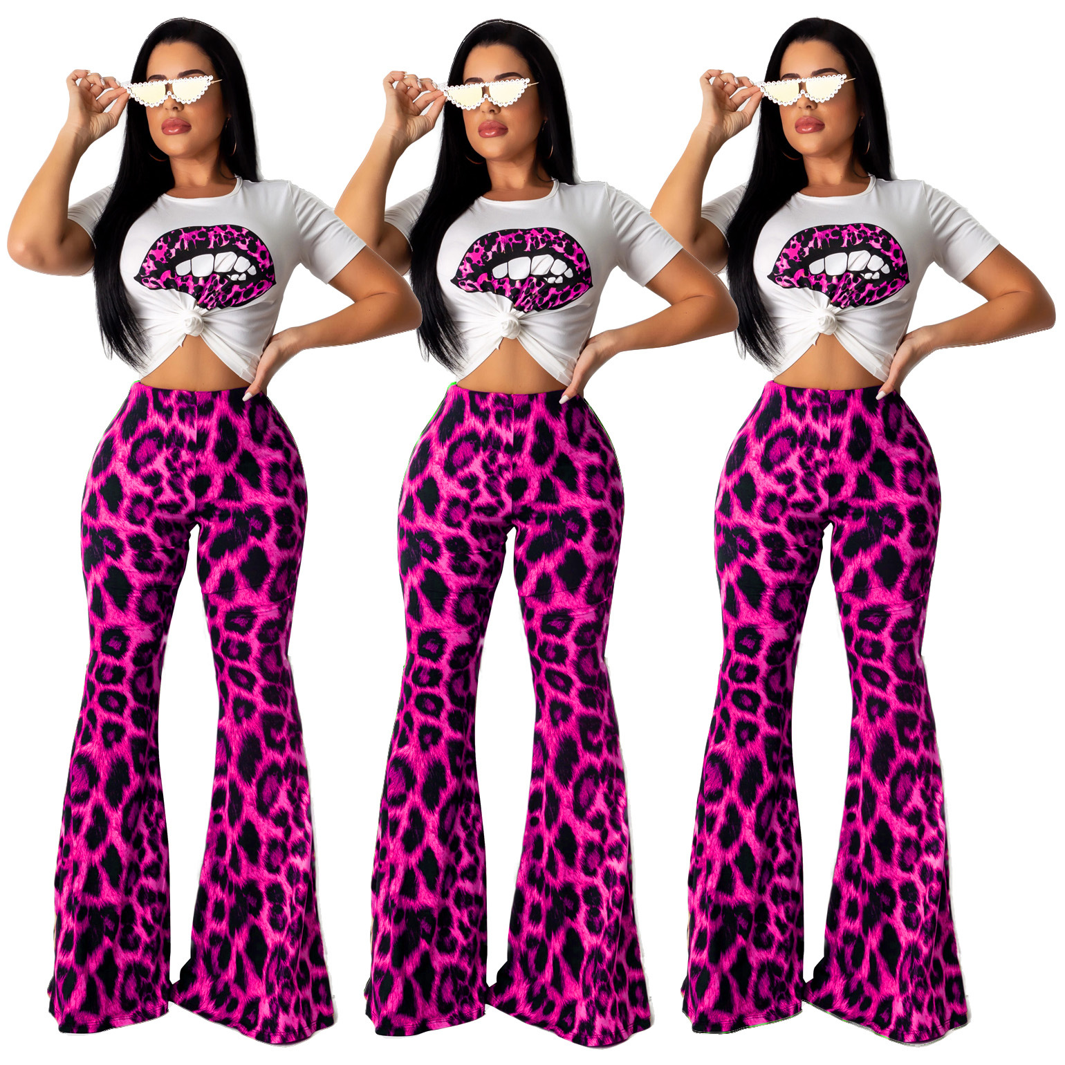 pants Spot 2023 European spring and summer fashion sexy leopard lips printed bell-bottom two-piece suit support mixed batch
