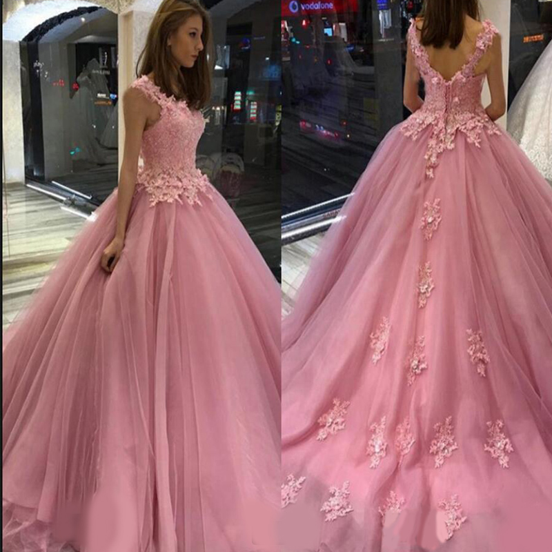 Exquisite vestido de noiva ball gown pink tulle prom dresses beaded lace appliques with straps long party dresses princess puffy prom dress