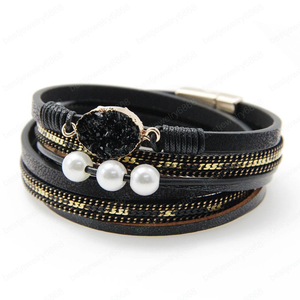 HOT SALE 6 Colors Mens Leather Bracelet with Magnetic Clasp Multi-Layer Braided Bracelet Couple Pearl Bracelet