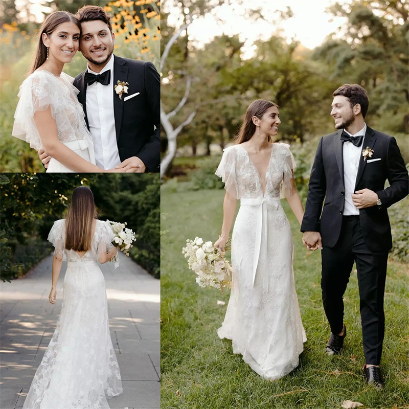 2020 Elegant Sheath Wedding Dresses Sexy V-neck Backless Appliqued Lace Beach Bridal Gown Custom Made Ruched Tulle Robes De Mariée