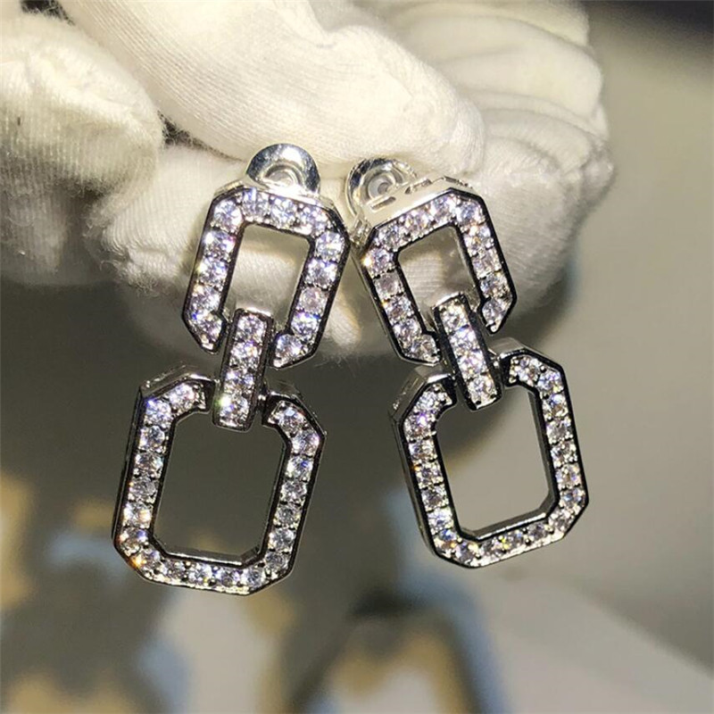 2020 New Arrival Sparkling Luxury Jewelry 925 Sterling Silver Pave White Sapphire Party Square Chain Earring Women Long Dangle Earring Gift