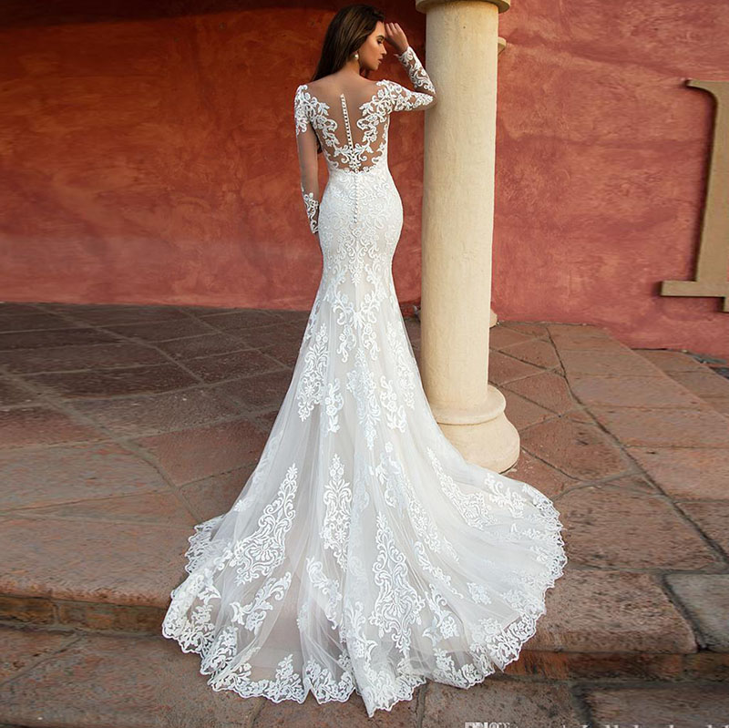 Sexy Mermaid Wedding Dresses Sheer Neck Long Sleeves Appliqued Lace Bride Dress Illusion Wedding Gowns robe de mariee