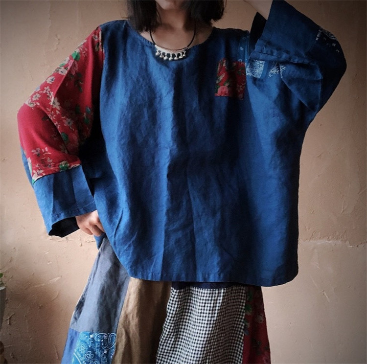 2020 original washed pure linen personalized patchwork top for women's loose minority long sleeve short Pullover, Blue
2020 original washed pure linen personalized patchwork top for women's loose minority long sleeve short Pullover, Blue