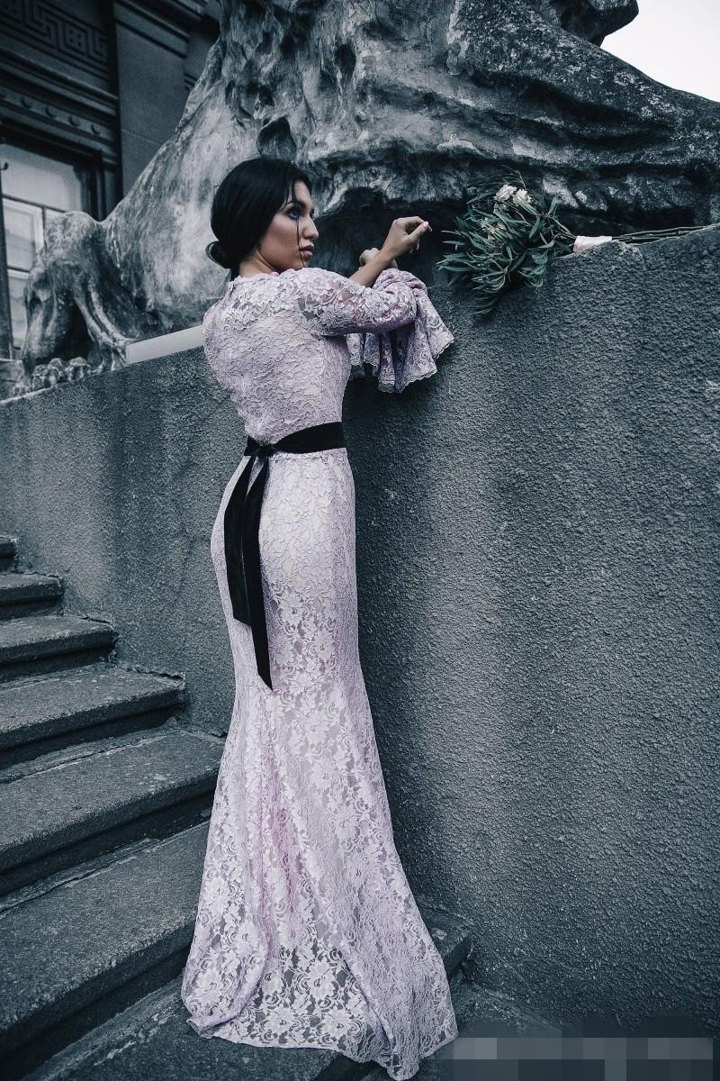 Pink Black Lace Bridesmaid Dresses 2020 Scalloped High Neck Long Juliet Sleeves Mermaid Maid of Honor Gown Wedding Guest Formal Evening Gown