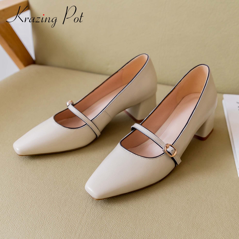 Krazing pot hot simple style natural leather metal fasteners square toe thick med heel buckle strap pretty girls women pumps L67, Beige
Krazing pot hot simple style natural leather metal fasteners square toe thick med heel buckle strap pretty girls women pumps L67, Beige