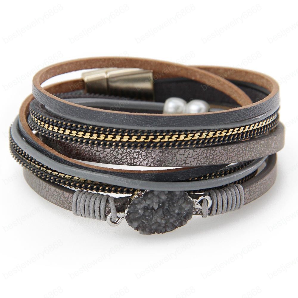 HOT SALE 6 Colors Mens Leather Bracelet with Magnetic Clasp Multi-Layer Braided Bracelet Couple Pearl Bracelet