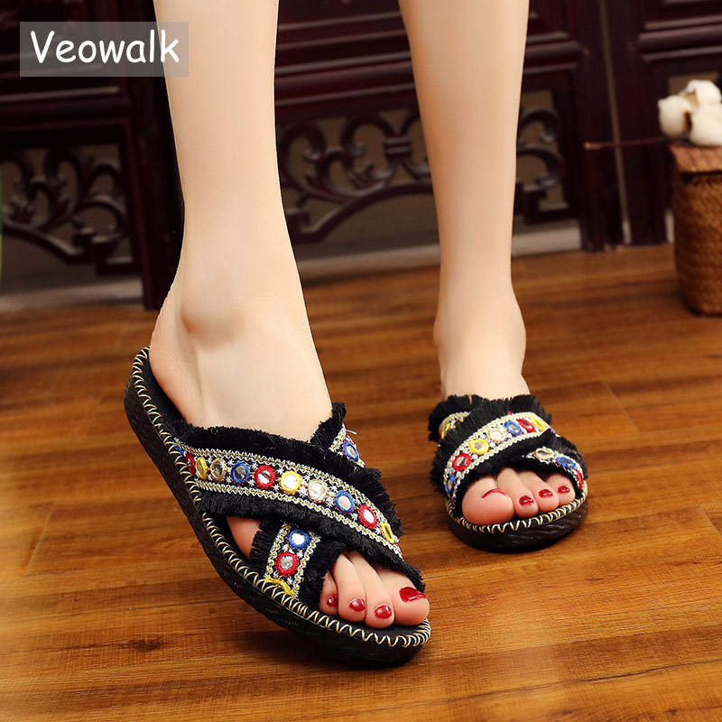 Veowalk Cross Bandage Women Cotton Tassel Flat Slide Shoes Handmade Sequins Summer Bohemian Ladies Soft Open Toe Slippers, Black
Veowalk Cross Bandage Women Cotton Tassel Flat Slide Shoes Handmade Sequins Summer Bohemian Ladies Soft Open Toe Slippers, Black