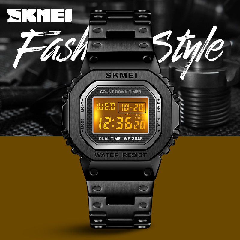Fast Ship Skmei 1456 Men Digital Watch Stainless Steel Chronograph Countdown Wristwatch Shock LED Sprot Watch skmei montre homm CX200804