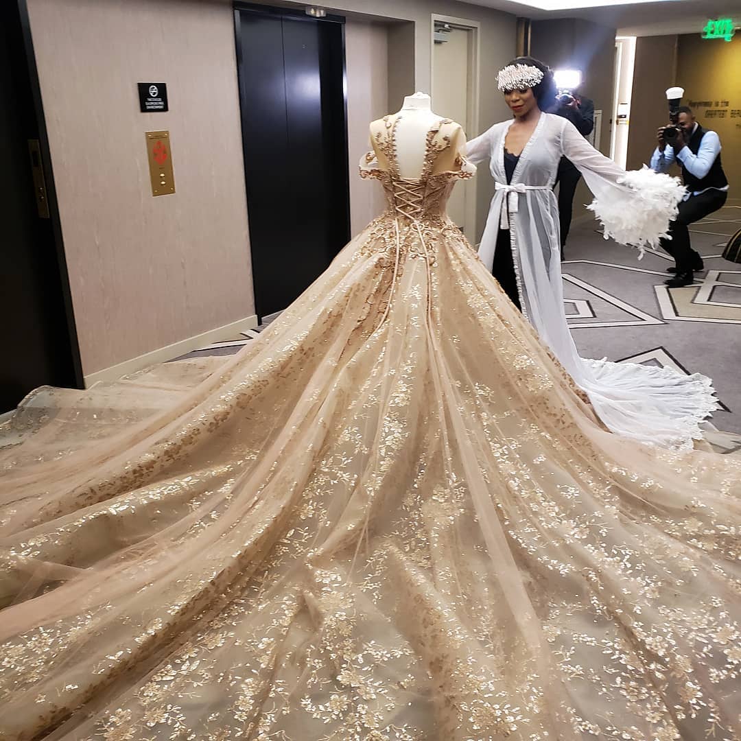 Beaded Champagne Lace Wedding Dresses Sheer Bateau Neck Appliqued Bridal Gowns Cathedral Train Tulle Robe De Marie