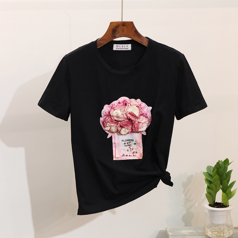 2019 Spring Summer Women T Shirt Short-sleeve 3d Floral Bottle Tshirt Cotton Tops Y19072601, White
2019 Spring Summer Women T Shirt Short-sleeve 3d Floral Bottle Tshirt Cotton Tops Y19072601, White