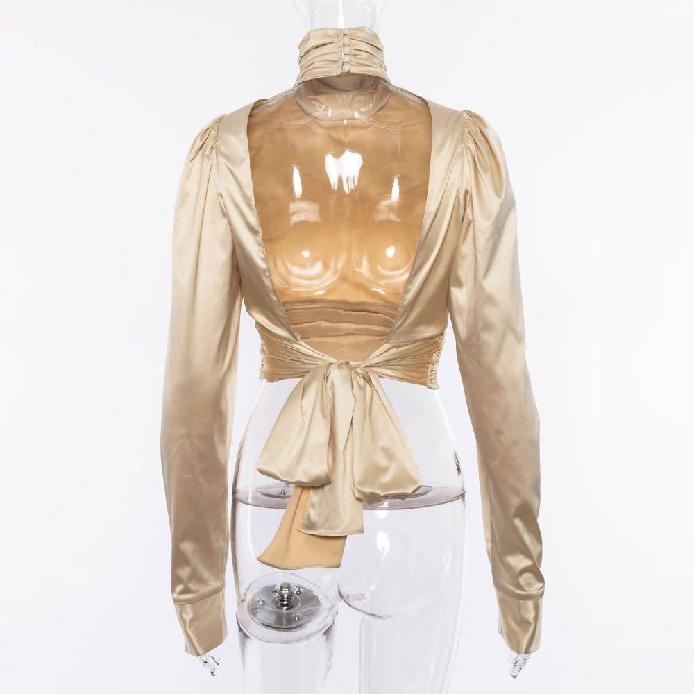 Elegant Turleneck Satin Slik Blouse Women Shirt Backless Women Blouse Long Sleeve Bow Tie Womens Tops and Blouses blusa feminina T200322