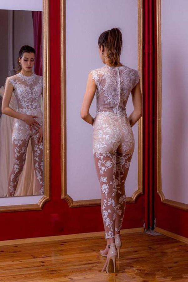 See Through Lace Jumpsuit Bridal Wedding Dress With Detachable Train Jewel Neck Beach Wedding Gowns Pant Suit robe de mariée