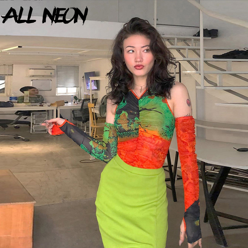 ALLNeon Punk Open Shoulder Transparent Crop Tops Graffiti Graphic V-neck Long SLeeve with Gloves Ruched Front Mesh T-shirts Y2K MX200721