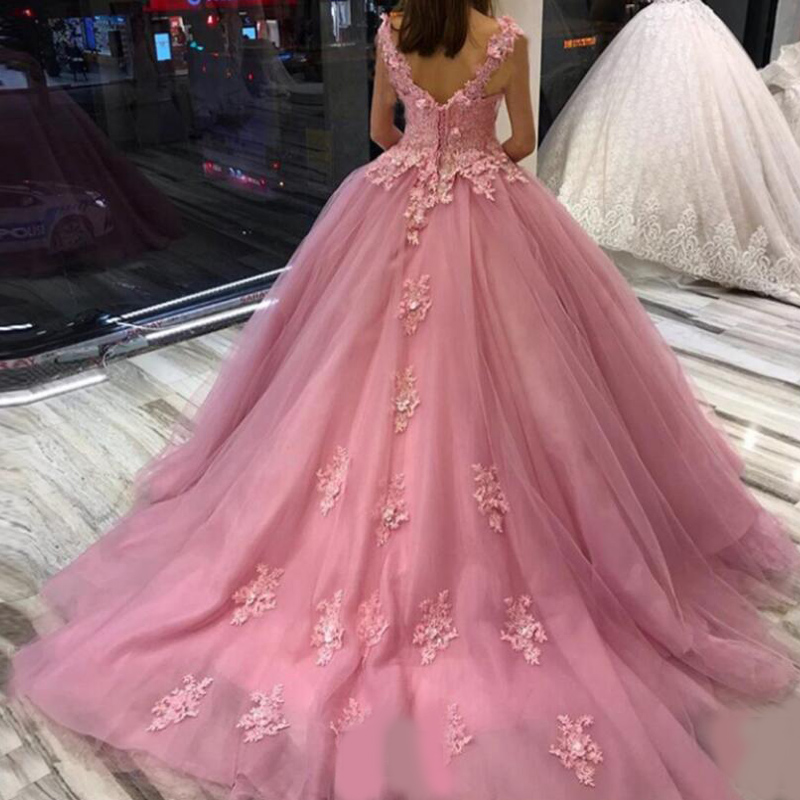 Exquisite vestido de noiva ball gown pink tulle prom dresses beaded lace appliques with straps long party dresses princess puffy prom dress