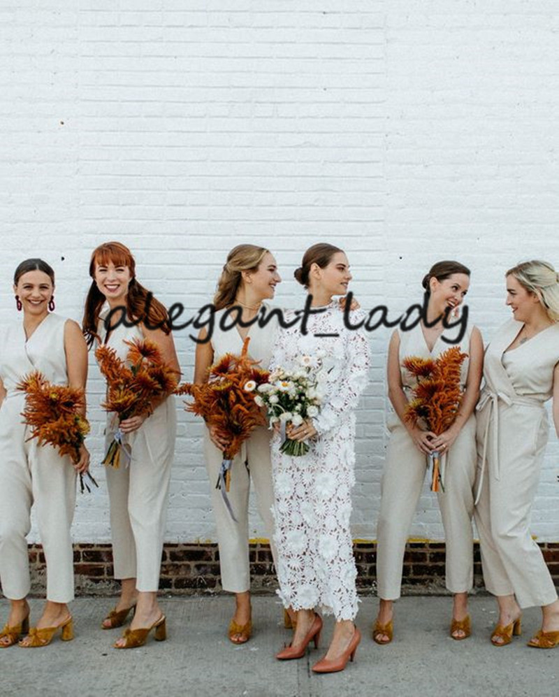bohemain bridesmaid dress jumpsuit 2021 sexy vneck vintage ankle length country beach junior bridesmaid dress with pant suit