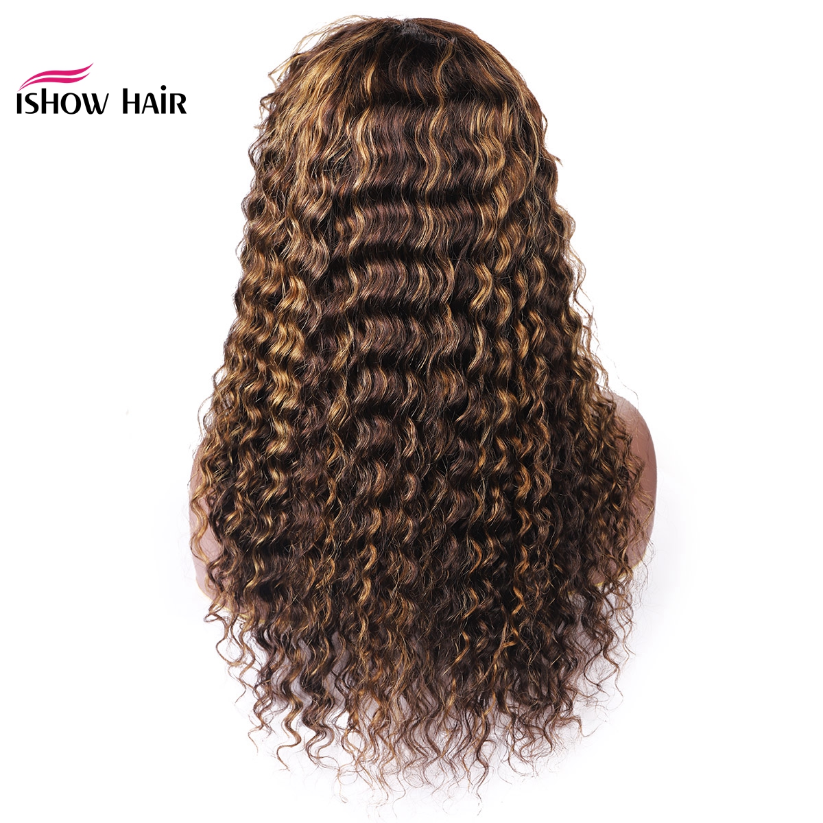 Ishow Brazilian 4/27 Ombre Deep Wave Human Hair Wigs with Bangs Peruvian Deep Curly None Lace Wigs Indian Malaysian for Black Women