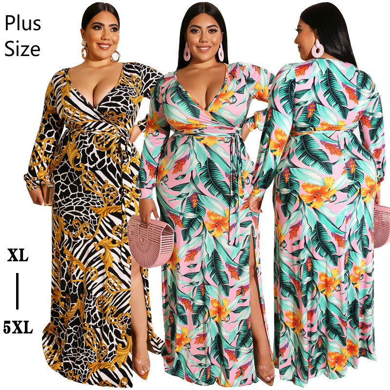 Plus Size 2020 Lagre Dress Tight-Fitting Sexy Bag Hip High-split Women Dress Long Sleeves Printed Long Women's Dress Cheap