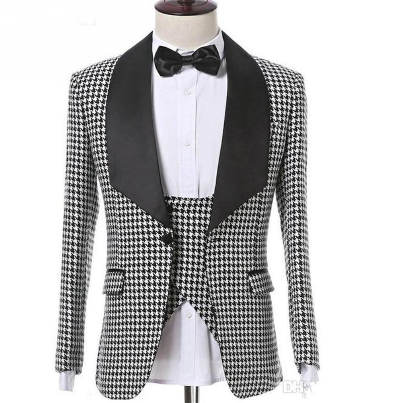 3-piece Houndstooth Black And Whit Wedding Suits Custom Made Tuxedos Party Formal Business Handsome Suits Peaked Lapel Blazer