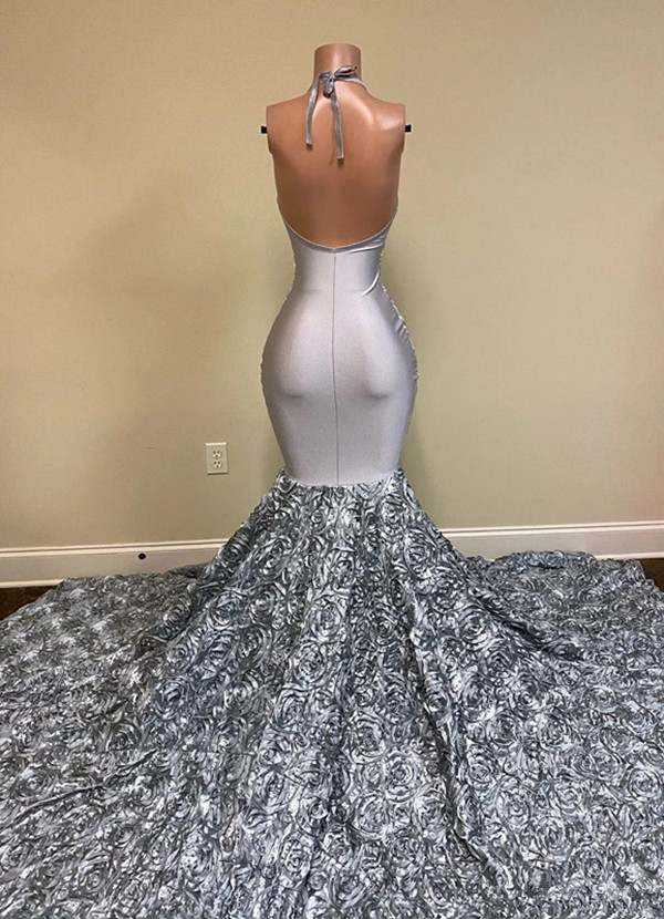 Real image Mermaid Silver Evening Formal Dresses 2020 Halter Sparkly Lace Sequins 3D Rose Floral Long Train Backless Prom Gowns
