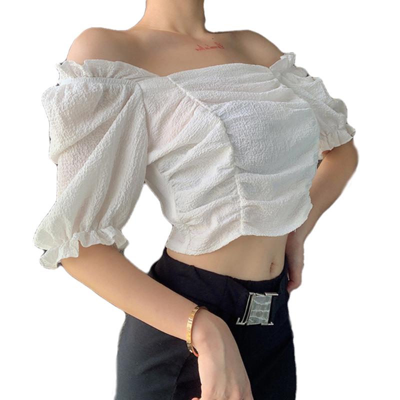 Women' T-shirt square neckline exposed belly button sexy bubble sleeve fold design summer clothing yoga top, White
Women' T-shirt square neckline exposed belly button sexy bubble sleeve fold design summer clothing yoga top, White