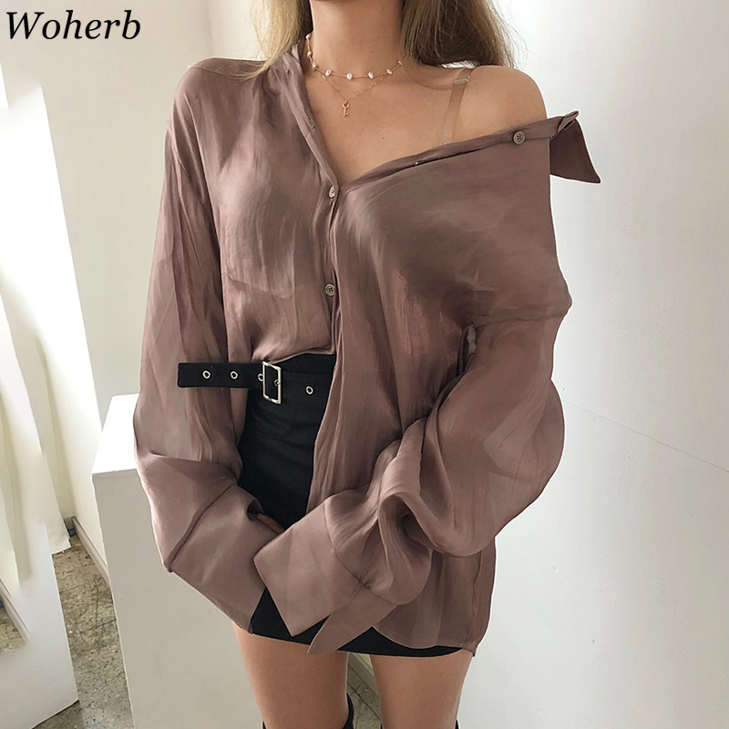 Woherb Korean Vintage Long Sleeve Blouse Women Casual Solid Shirt 2020 New Modis Spring Summer Tops Vest Bandage Blusas CX200711