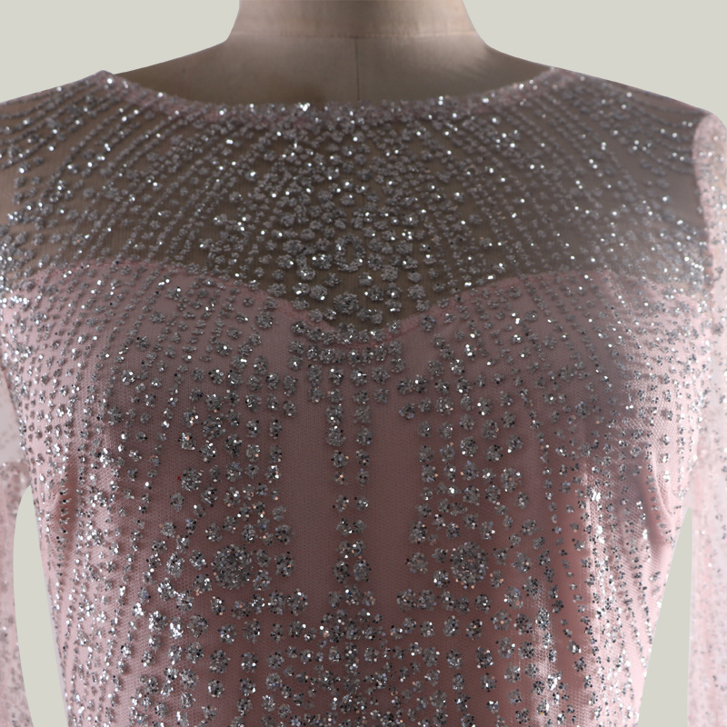 newest glitter sequins pink aline women prom dress bling jewel long sleeves evening dress anklelength party dress hot sale
