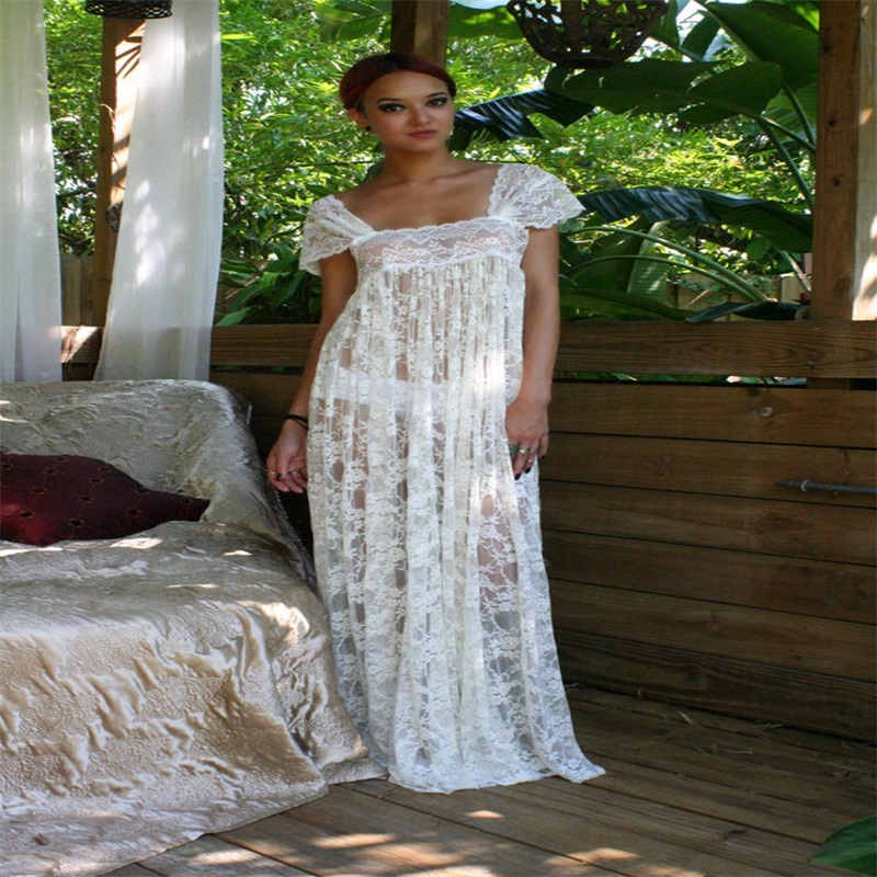 Sexy Backless Custom Made Women Sleepwear Bath Robes Full Lace Square Neck Short Sleeves Bride Pajama Illusion Night Gowns Dresses
