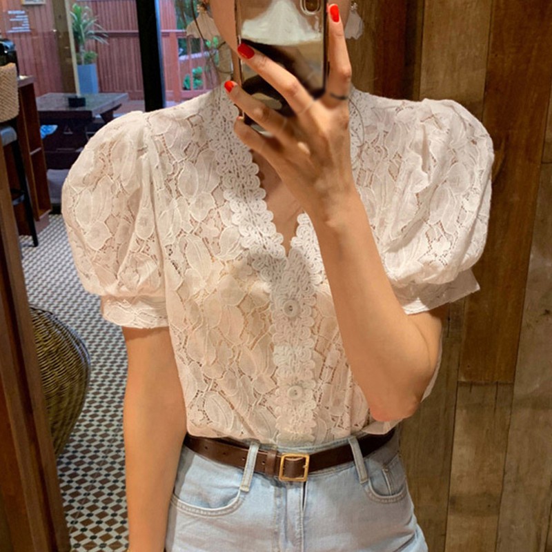 Fashion Lace Blouses Shirts Short Sleeve Hollow Blouse Summer Women Puff Sleeve Lace Shirts, White
Fashion Lace Blouses Shirts Short Sleeve Hollow Blouse Summer Women Puff Sleeve Lace Shirts, White