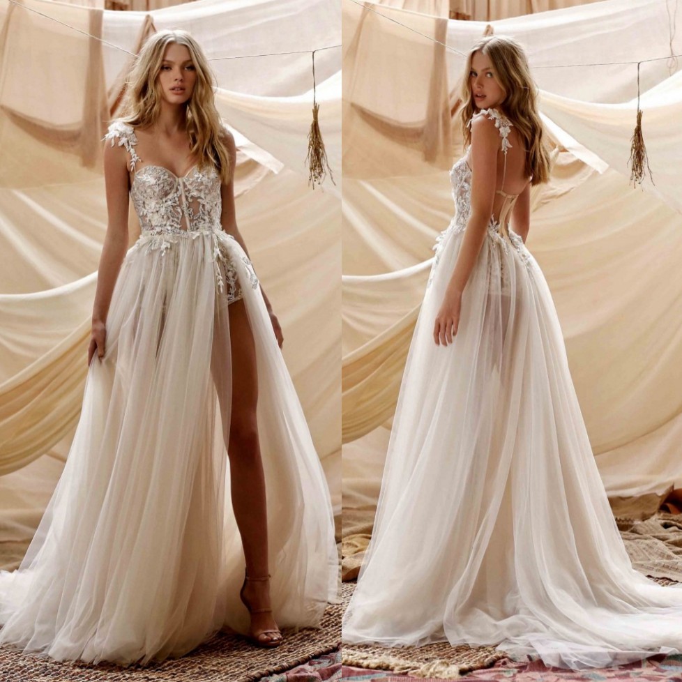 Beaded Berta Stunning Beach Wedding Dresses Sweetheart Neck A Line Appliqued Side Split Bridal Gowns Sequined Sweep Train Robe De Marie ppliqued