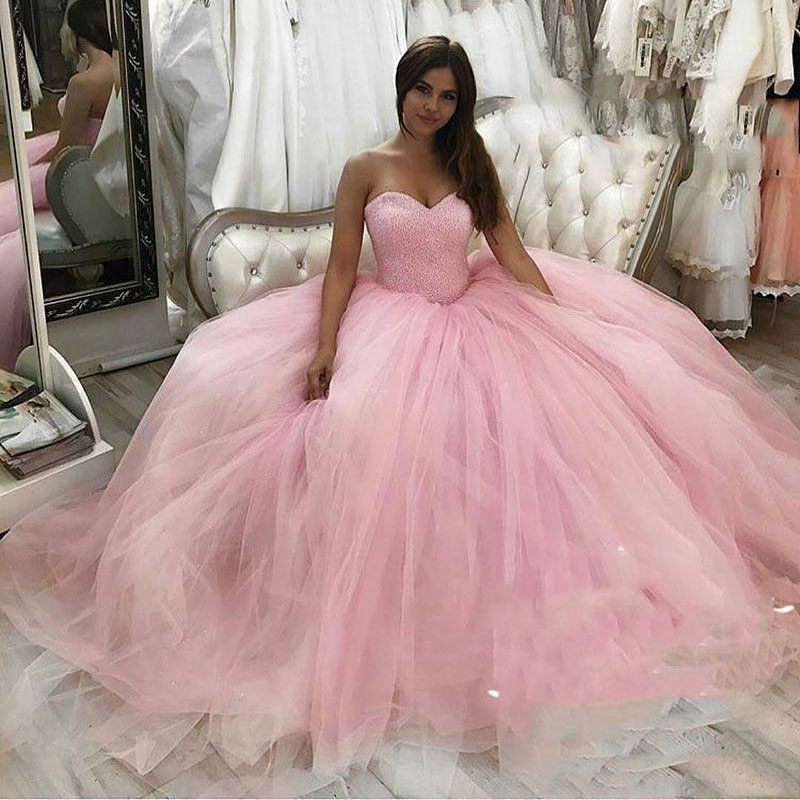 Pink Masquerade Sweet 16 Quinceanera Dresses Ball Gown Corset Sequined Beaded Puffy Tulle Arabic Vestidos De 15 Anos Pageant Prom Gowns