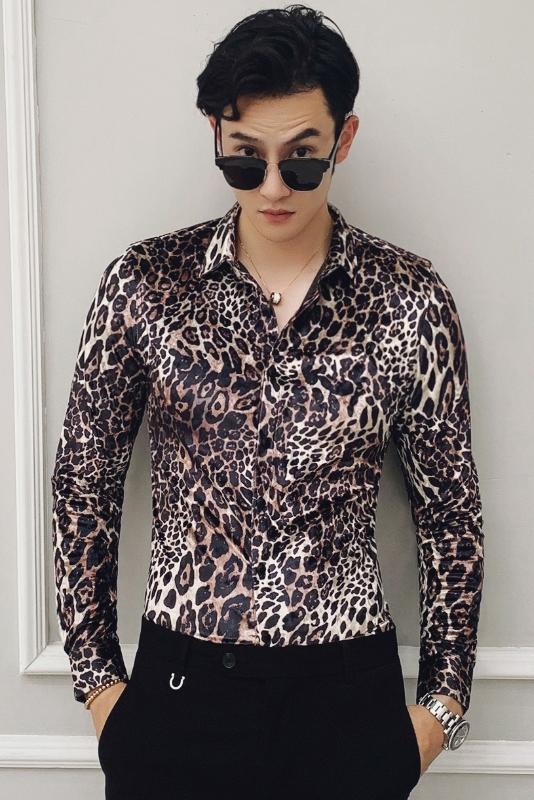 Flannel Shirts New 2020 Party Dress Club Outfits Slim Fit British Clothes Stylish Shirts Mens Velvet Leopard Printed Mens
