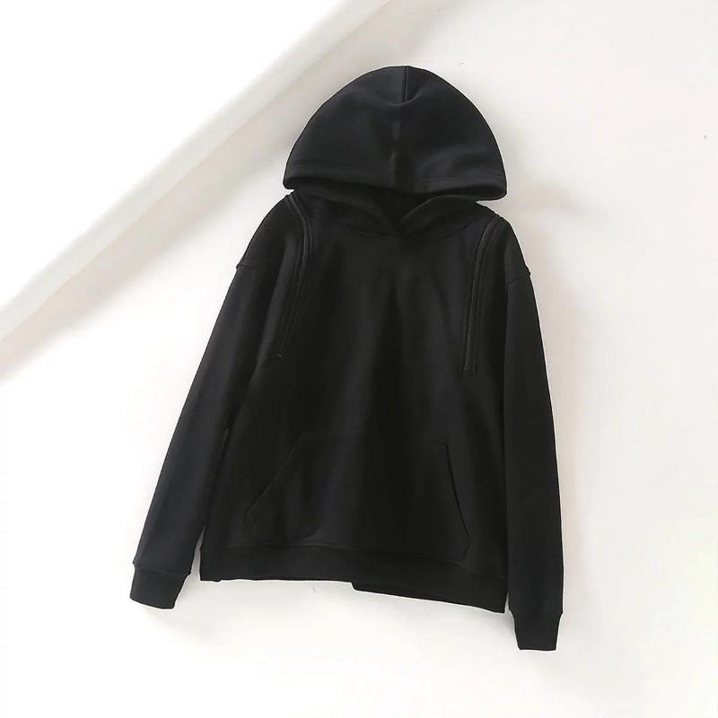 Women Warm Cold Shoulder Hooded Sweatshirt Sexy Plus Velvet Loose Hoodies Solid Color Long Top S-L