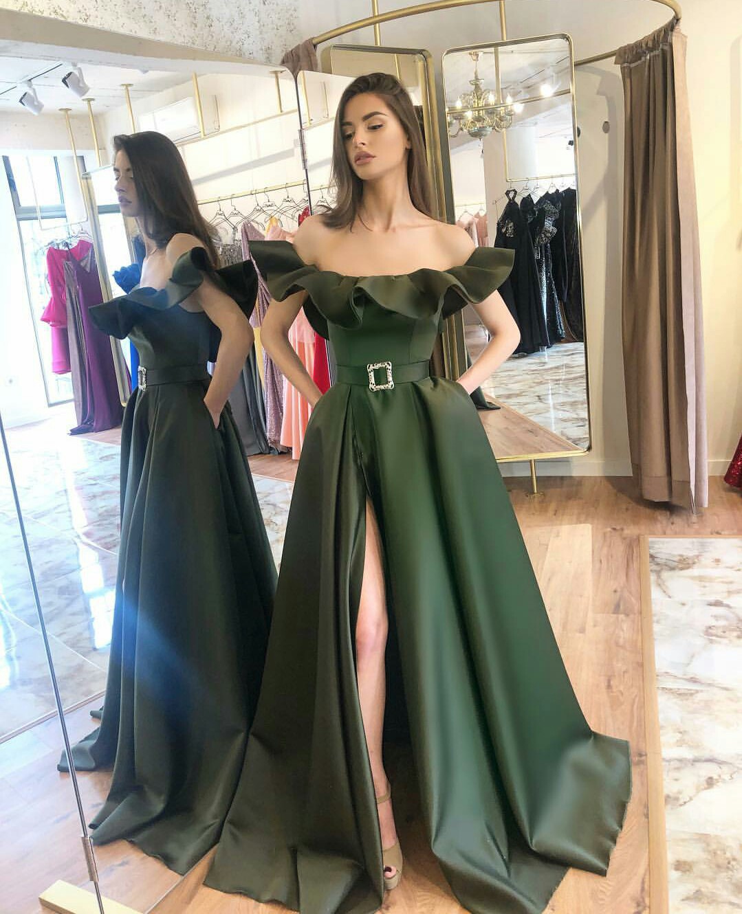 Army Green Prom Dresses 2020 Off Shoulder Ruffles Satin Evening Gowns Side Split Formal Long Party Dress Vestido