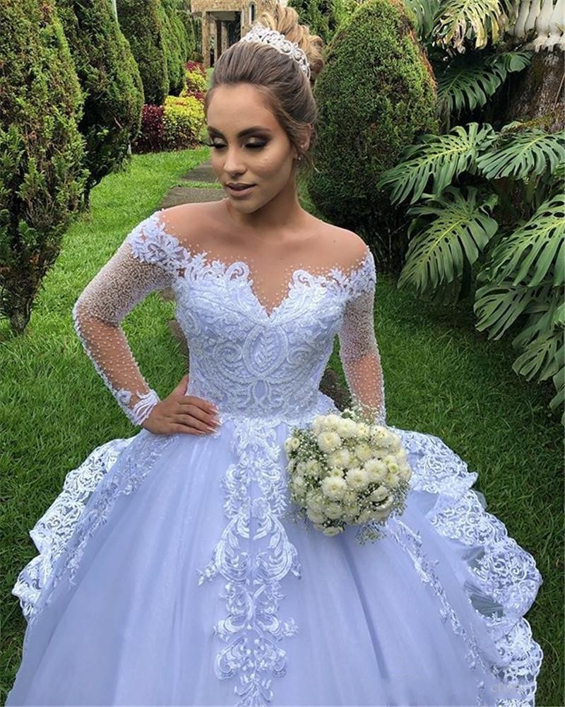 Modest Long Sleeve Illusion Puffy Wedding Dresses 2021 Western Garden A Line Sheer Appliqued Ruched Long Bride Gowns
