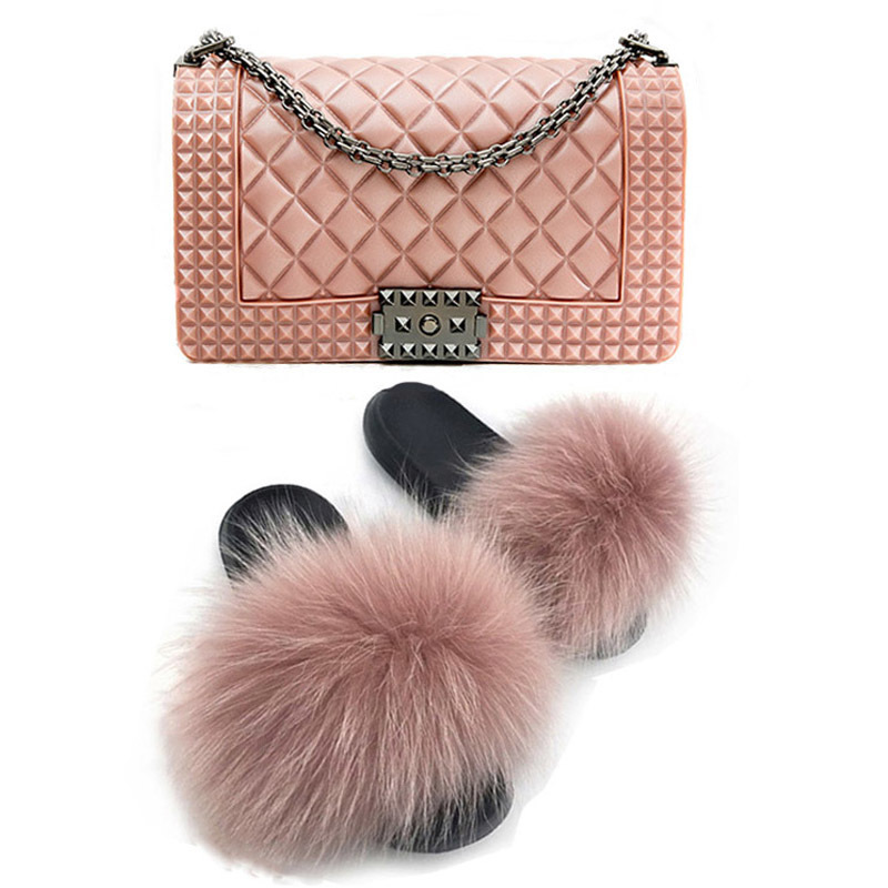Fashion Luxury Chain Rainbow Purse Lady Colorful Bags and Slippers Set Women Candy Jelly Hand Bags with Real Fox Fur Slides Set, Rosy red
Fashion Luxury Chain Rainbow Purse Lady Colorful Bags and Slippers Set Women Candy Jelly Hand Bags with Real Fox Fur Slides Set, Rosy red
