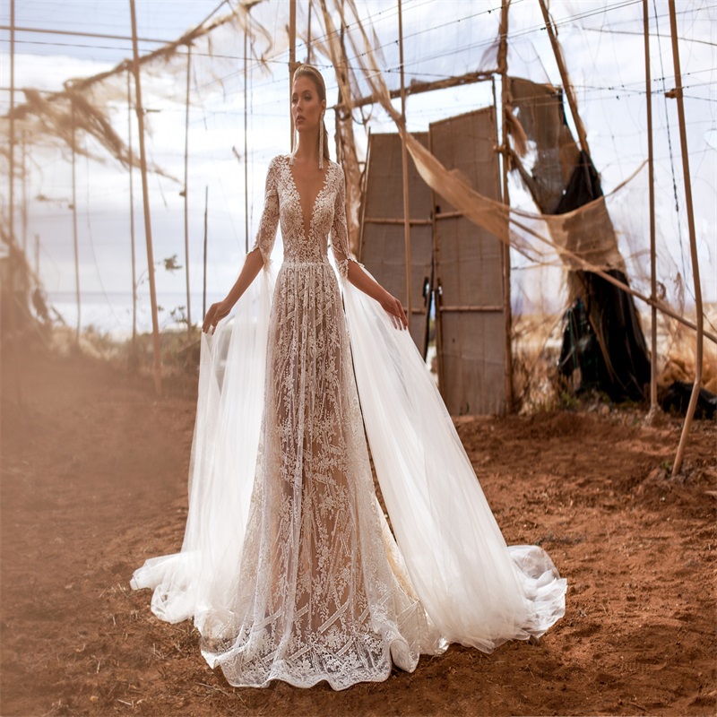 Elegant Custom Made Wedding Dresses With Detachable Sleeves V Neck Full Lace Ruched Tulle Bridal Gown Hollow Back Court Train Bridal Dress