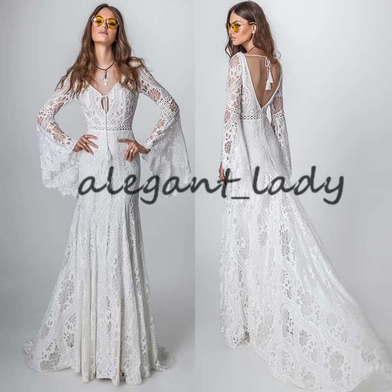 Vintage Crochet Lace Wedding Dresses with Long Sleeve 2023 V-neck Mermaid Hippie Western Country Cowgirl Bohemian Bride Gowns