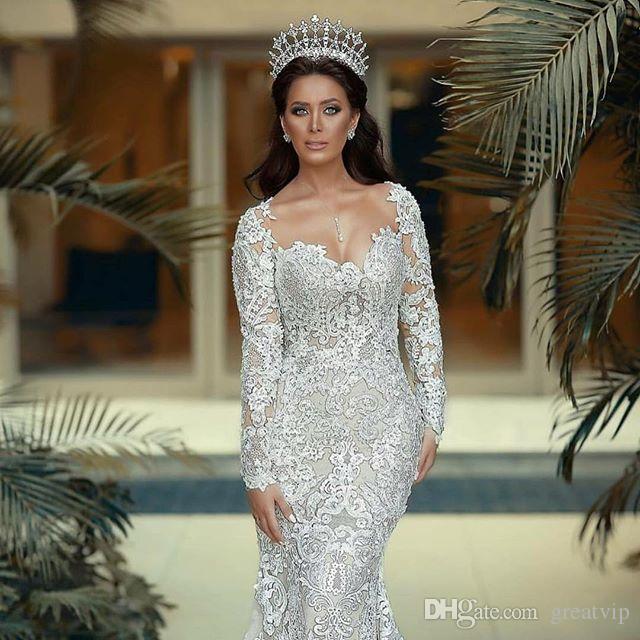 Long Sleeve Mermaid Wedding Dresses with Detachable Train 2021 Luxury Pearls Beaded Lace Applique Princess Vestidos De Novia