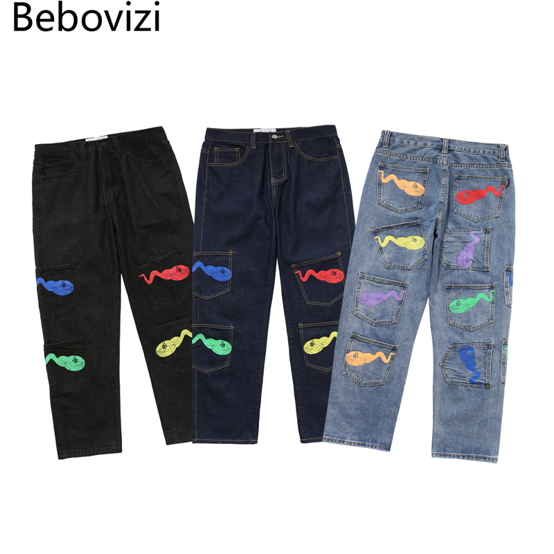 Bebovizi Hip Hip Tadpole Print Denim Pants Streetwear Denim Pants Men Harajuku Multi-pocket Trousers Joggers Cotton