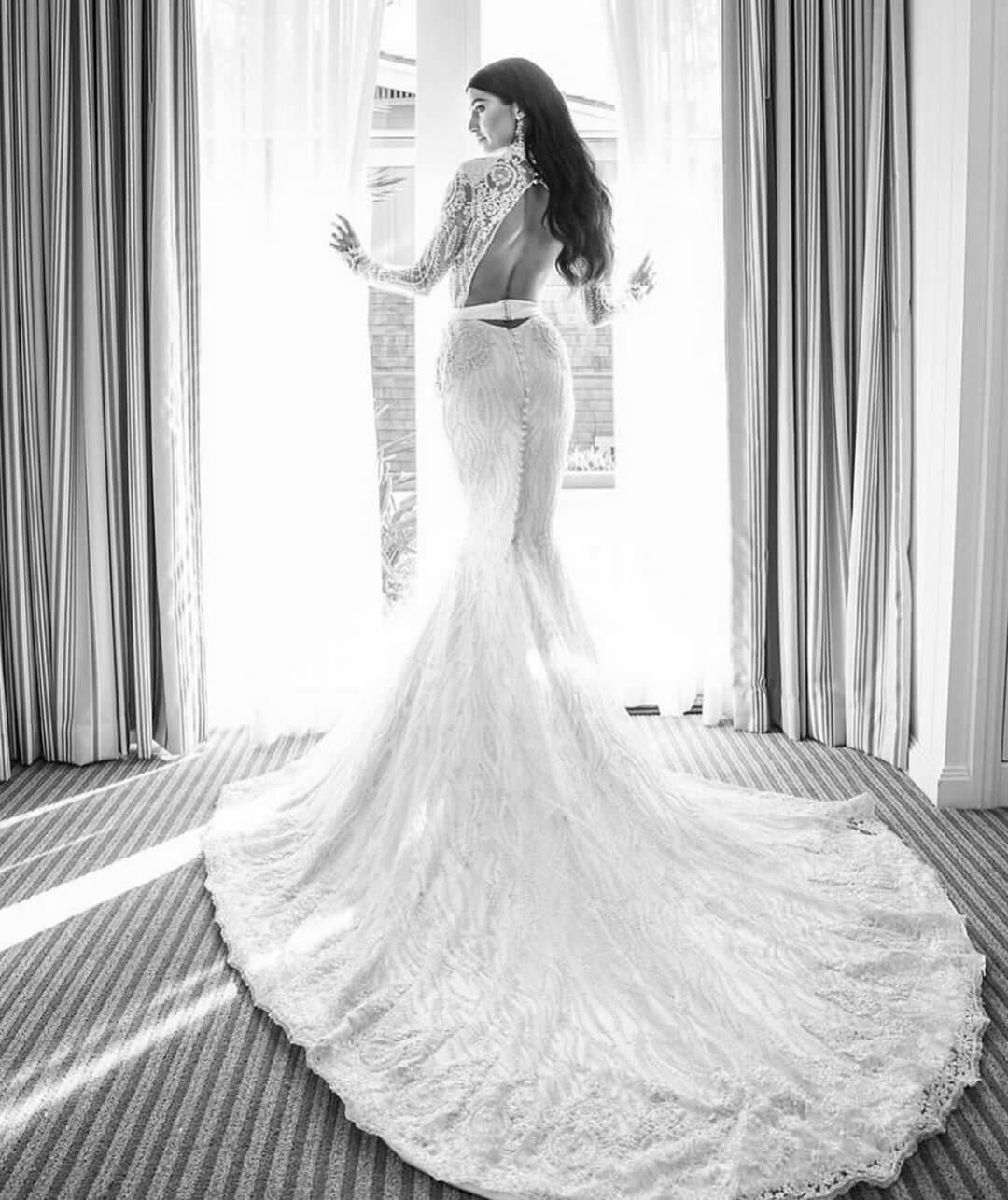 High Collar Dubai Mermaid Dresses 2020 Backless Lace Long Sleeve Beach Wedding Gowns Elegant vestidos de novia